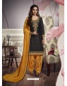 Black Cotton Satin Embroidered Salwar Suit