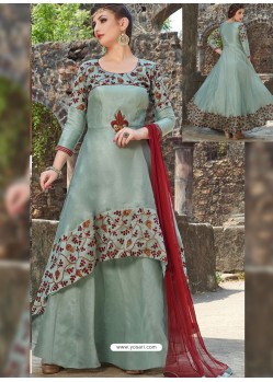 Aqua Grey Organza And Satin Embroidered Gown Style Suit