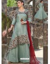 Aqua Grey Organza And Satin Embroidered Gown Style Suit