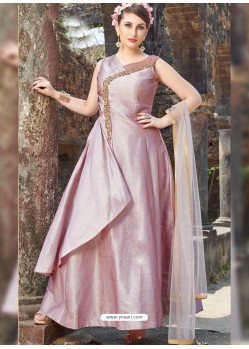 Pink Chanderi Slub Hand Embroidered Gown Style Suit