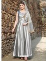 Silver Satin Hand Embroidered Gown Style Suit