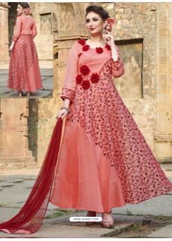 Peach Organza Embroidered Gown Style Suit