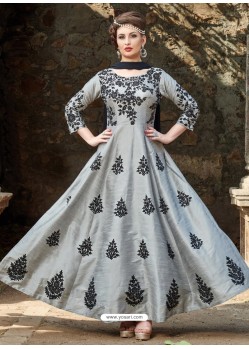 Grey Silk Embroidered Gown Style Suit