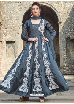 Dull Grey Tafeta Satin Hand Embroidered Gown Style Suit