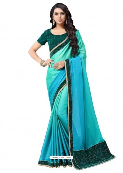 Turquoise and Aqua Chiffon Printed Work Saree