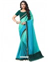 Turquoise and Aqua Chiffon Printed Work Saree