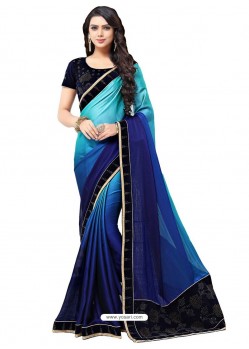 Navy And Sky Blue Chiffon Printed Work Saree