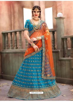 Sky Blue Velvet Embroidered Designer Lehanga Choli