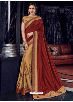 Maroon And Gold Bright Georgette Heavy Embroidered Party Wear Saree