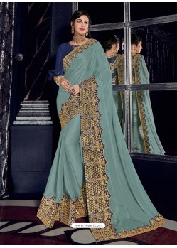 Aqua Grey Bright Georgette Heavy Embroidered Party Wear Saree