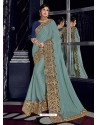 Aqua Grey Bright Georgette Heavy Embroidered Party Wear Saree