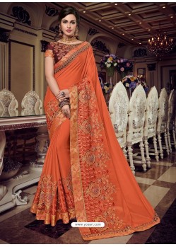 Orange Bright Georgette Heavy Embroidered Party Wear Saree