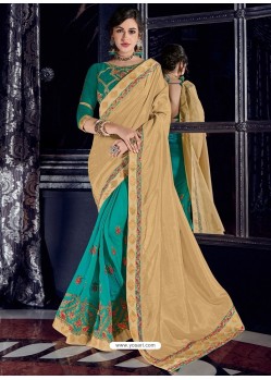 Beige And Teal Two Tone Silk Fabrics Heavy Embroidered Party Wear Saree