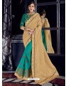 Beige And Teal Two Tone Silk Fabrics Heavy Embroidered Party Wear Saree