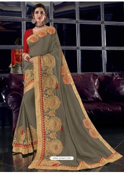 Dull Grey Silk Fabrics Heavy Embroidered Party Wear Saree