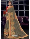 Dull Grey Silk Fabrics Heavy Embroidered Party Wear Saree