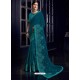 Peacock Blue Silk Fabrics Heavy Embroidered Party Wear Saree