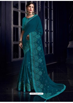 Peacock Blue Silk Fabrics Heavy Embroidered Party Wear Saree