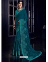 Peacock Blue Silk Fabrics Heavy Embroidered Party Wear Saree