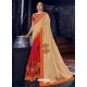 Light Beige And Red Silk Fabrics Heavy Embroidered Party Wear Saree