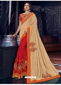 Light Beige And Red Silk Fabrics Heavy Embroidered Party Wear Saree