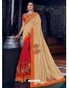 Light Beige And Red Silk Fabrics Heavy Embroidered Party Wear Saree