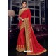 Red Silk Fabrics Heavy Embroidered Party Wear Saree