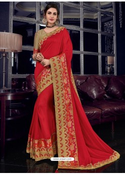 Red Silk Fabrics Heavy Embroidered Party Wear Saree