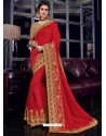 Red Silk Fabrics Heavy Embroidered Party Wear Saree