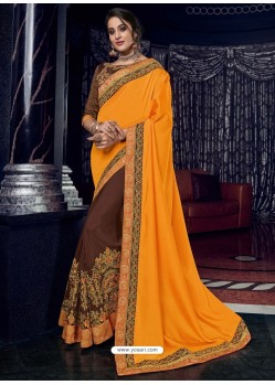 Orange And Brown Two Tone Silk Fabrics Heavy Embroidered Party Wear Saree