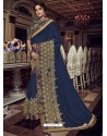 Navy Blue Silk Fabrics Heavy Embroidered Party Wear Saree