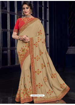 Light Beige Silk Fabrics Heavy Embroidered Party Wear Saree