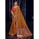 Rust Silk Fabrics Heavy Embroidered Party Wear Saree