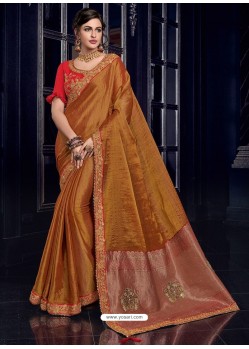 Rust Silk Fabrics Heavy Embroidered Party Wear Saree