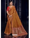 Rust Silk Fabrics Heavy Embroidered Party Wear Saree