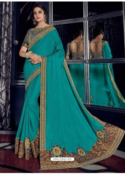 Turquoise Two Tone Silk Fabrics Heavy Embroidered Party Wear Saree