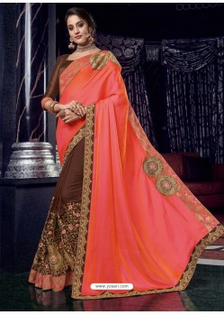 Dark Peach And Brown Two Tone Silk Fabrics Embroidered Party Wear Saree