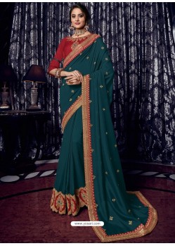 Tealblue Silk Fabrics Heavy Embroidered Party Wear Saree