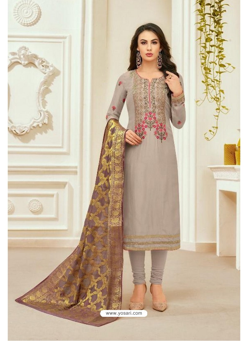 Buy Light Grey Pure Upada Silk Embroidered Churidar Suit | Churidar ...