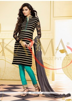 Pleasant Black And Sea Green Embroidery Churidar Suit