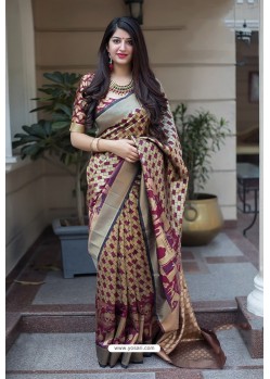 Gold And Deep Wine Banarasi Silk Weaving Patola Silk Designer Saree