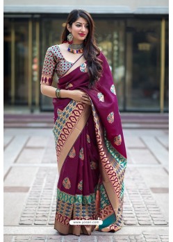 Deep Wine Banarasi Silk Weaving Patola Silk Designer Saree