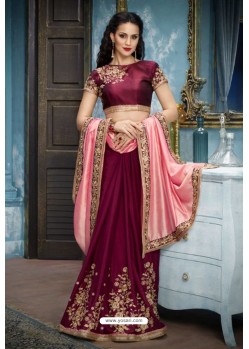 Pink And Deep Wine Two Tone Silk Embroidered Party Wear Saree