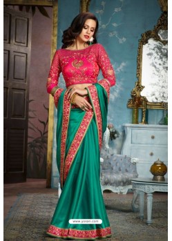 Teal Two Tone Silk Embroidered Party Wear Saree