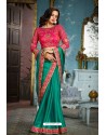 Teal Two Tone Silk Embroidered Party Wear Saree