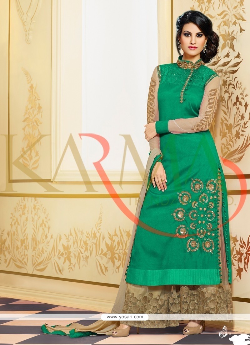 Elegant Green Raw Silk And Embroidery Palazzo Suit