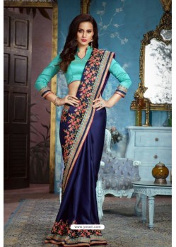 Navy Blue Two Tone Silk Embroidered Party Wear Saree