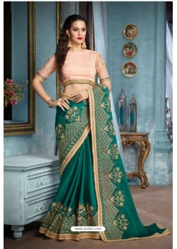 Dark Green Two Tone Silk Embroidered Party Wear Saree