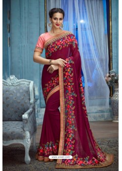 Deep Wine Two Tone Silk Embroidered Party Wear Saree