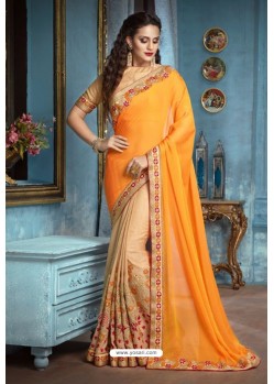 Yellow And Cream Two Tone Silk Embroidered Party Wear Saree